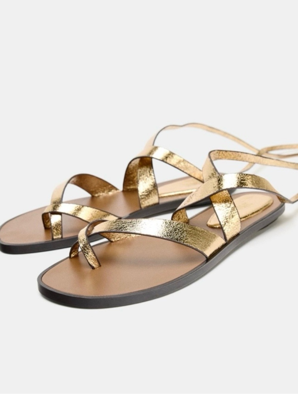 Zara Metallic Gold Lace-Up Flat Sandals